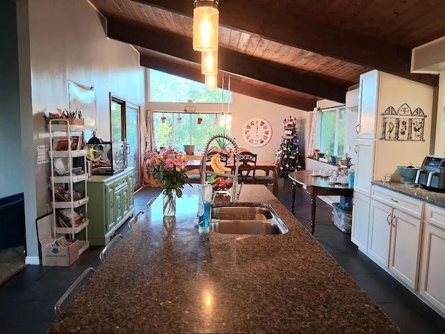 47 Alpine Dr, Athens, PA 18810 - kitchen featuring a sink, wooden ceiling, green cabinets, white cabinetry, and dark stone countertops