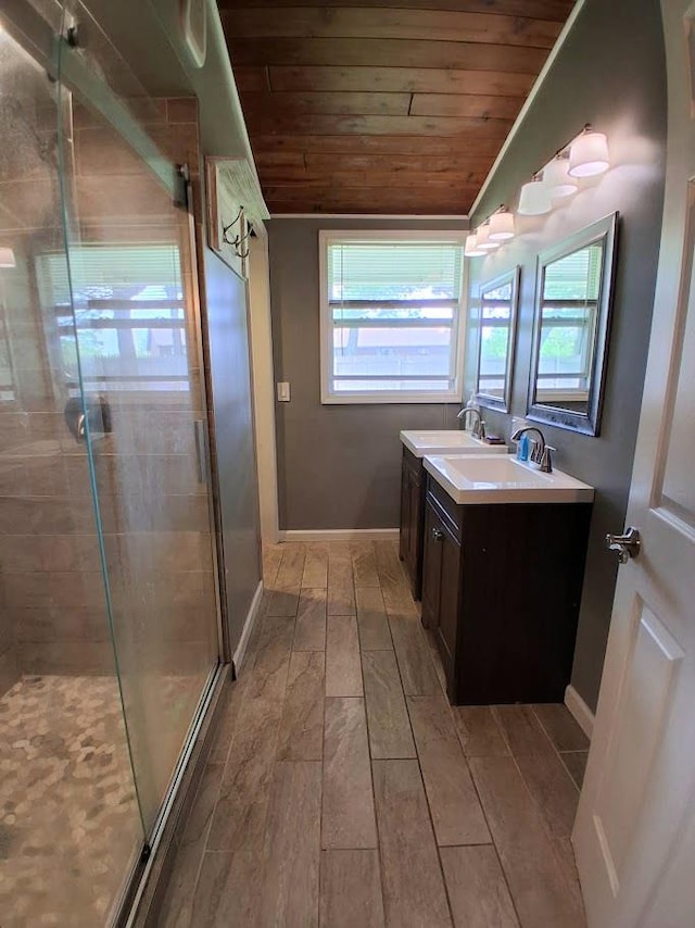 47 Alpine Dr, Athens, PA 18810 - bathroom featuring vanity, vaulted ceiling, wooden ceiling, wood finished floors, and a stall shower