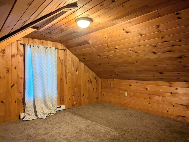 bonus room featuring vaulted ceiling, carpet flooring, wood ceiling, and wooden walls