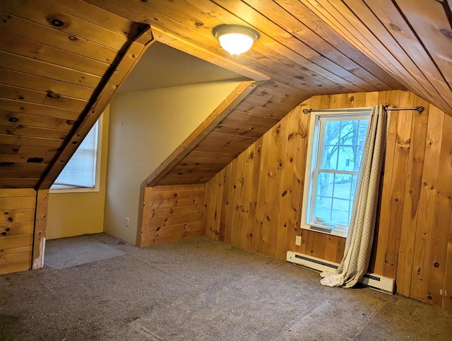 additional living space with lofted ceiling, wood ceiling, and wooden walls
