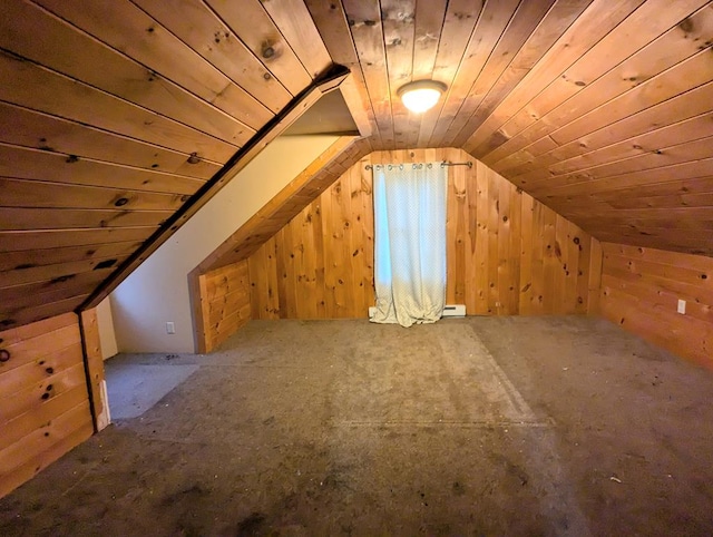 additional living space featuring lofted ceiling, wooden ceiling, wooden walls, and baseboard heating