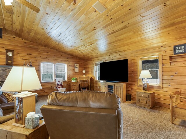 102-108 Fred Catlin Rd, Owego, NY 13827 - living room featuring wooden walls, vaulted ceiling, and carpet floors