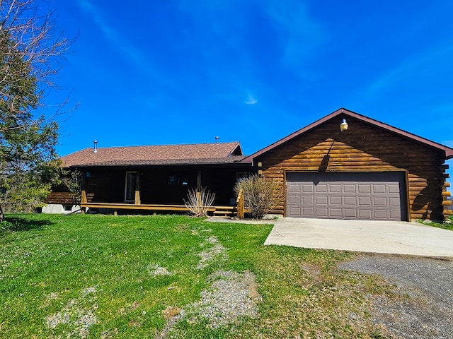 102-108 Fred Catlin Rd, Owego, NY 13827 - view of front facade with a garage, log exterior, a front lawn, and concrete driveway