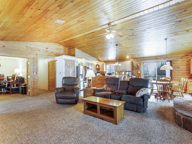 102-108 Fred Catlin Rd, Owego, NY 13827 - living room featuring lofted ceiling, a ceiling fan, wood ceiling, and light carpet