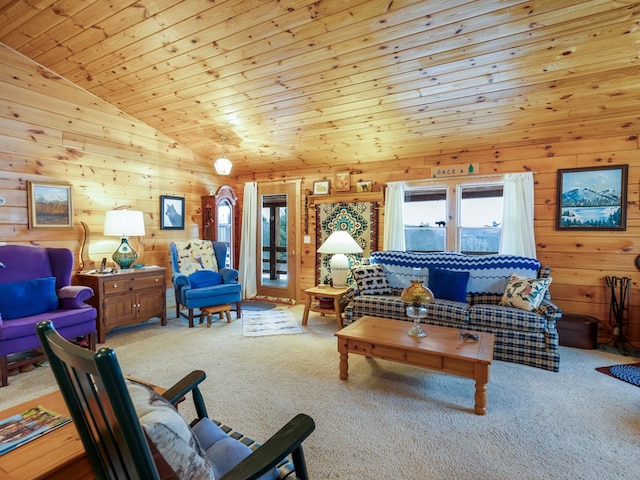 102-108 Fred Catlin Rd, Owego, NY 13827 - living area with wood ceiling, vaulted ceiling, wood walls, and carpet