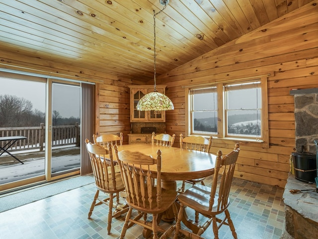 102-108 Fred Catlin Rd, Owego, NY 13827 - dining area with wooden ceiling, lofted ceiling, a wood stove, and wooden walls