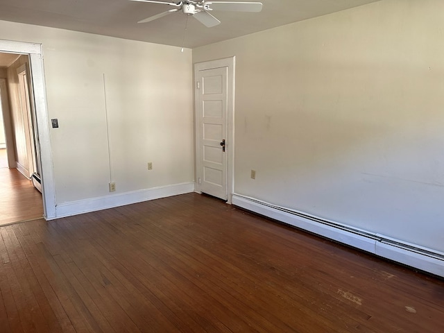 spare room featuring dark hardwood / wood-style floors, ceiling fan, and a baseboard heating unit