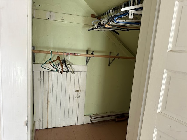 spacious closet with wood-type flooring and lofted ceiling