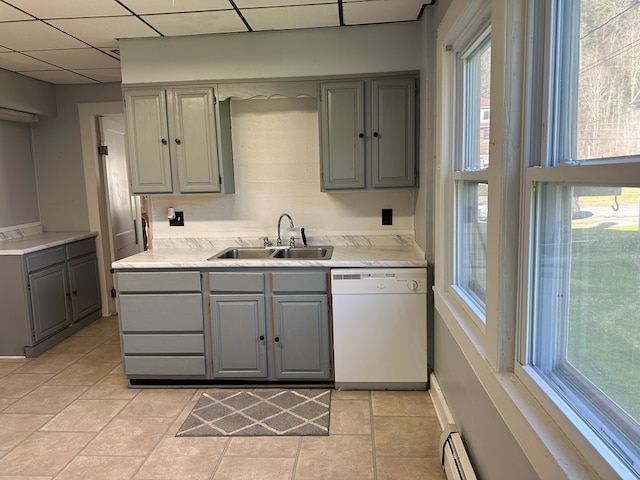 kitchen with dishwasher, gray cabinets, a baseboard radiator, and sink