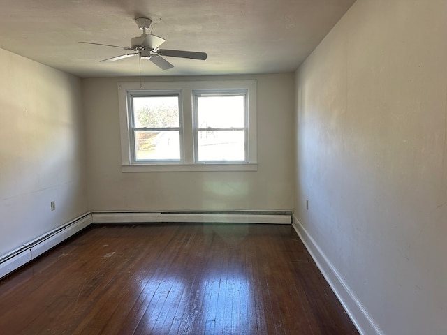 spare room with ceiling fan, dark wood-type flooring, and a baseboard heating unit