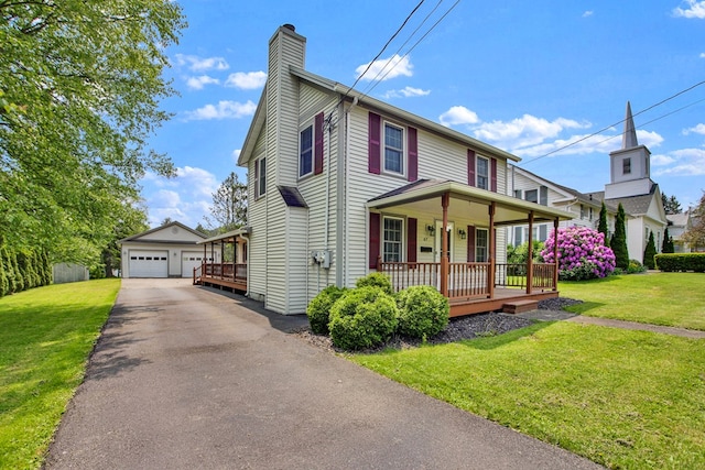 67 W Ave, Wellsboro, PA 16901 - traditional-style house with a porch, a chimney, a detached garage, an outbuilding, and a front lawn