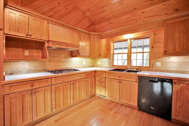 kitchen with light hardwood / wood-style flooring, stainless steel gas cooktop, wooden ceiling, sink, and black dishwasher