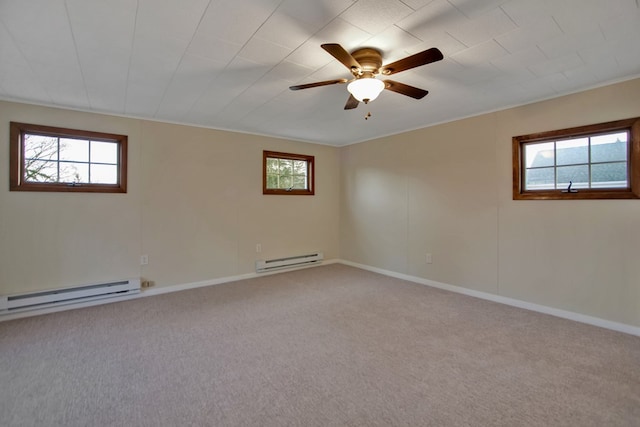 spare room featuring a baseboard radiator, carpet flooring, and plenty of natural light