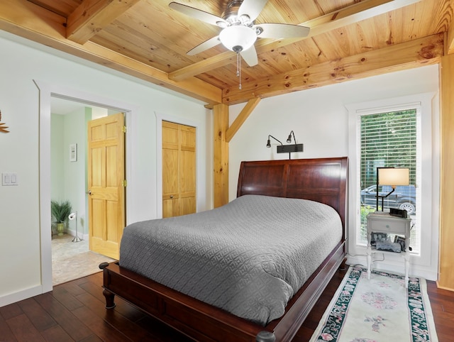 4535 Covered Bridge Rd, Ulster, PA 18850 - bedroom featuring wooden ceiling with exposed beams, dark wood-type flooring, baseboards, and a ceiling fan