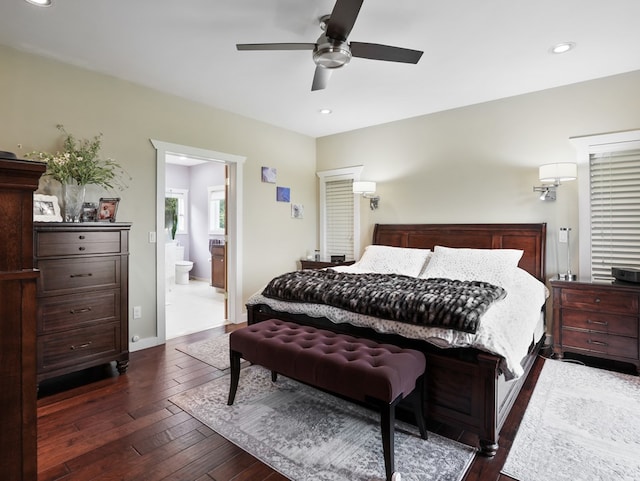 4535 Covered Bridge Rd, Ulster, PA 18850 - bedroom featuring dark wood-style flooring, recessed lighting, ceiling fan, and ensuite bathroom