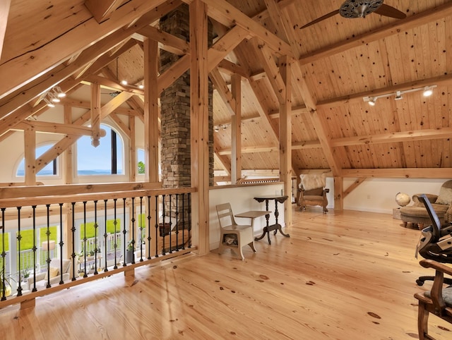 4535 Covered Bridge Rd, Ulster, PA 18850 - additional living space with wood ceiling with exposed beams, hardwood / wood-style floors, healthy amount of natural light, ceiling fan, and high vaulted ceiling