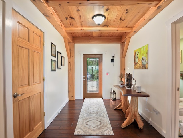 4535 Covered Bridge Rd, Ulster, PA 18850 - entrance foyer featuring wooden ceiling with exposed beams, dark wood-style flooring, and baseboards