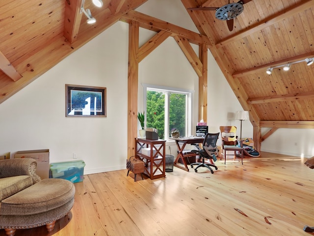 4535 Covered Bridge Rd, Ulster, PA 18850 - office featuring track lighting, hardwood / wood-style flooring, wooden ceiling, and baseboards