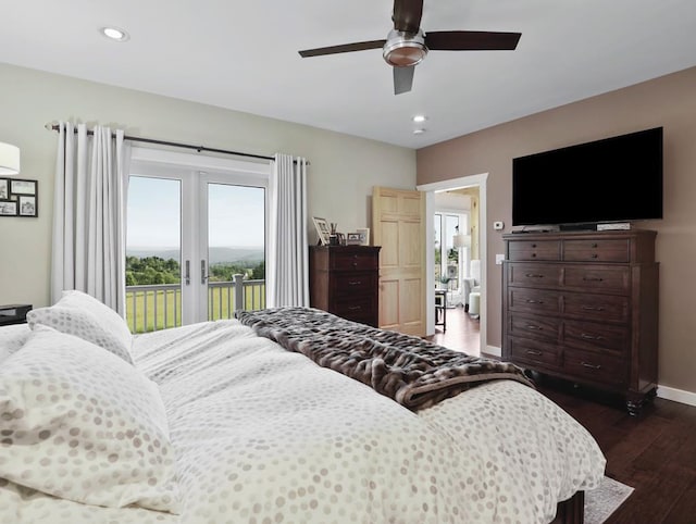 4535 Covered Bridge Rd, Ulster, PA 18850 - bedroom featuring access to exterior, dark wood-style flooring, baseboards, recessed lighting, and ceiling fan