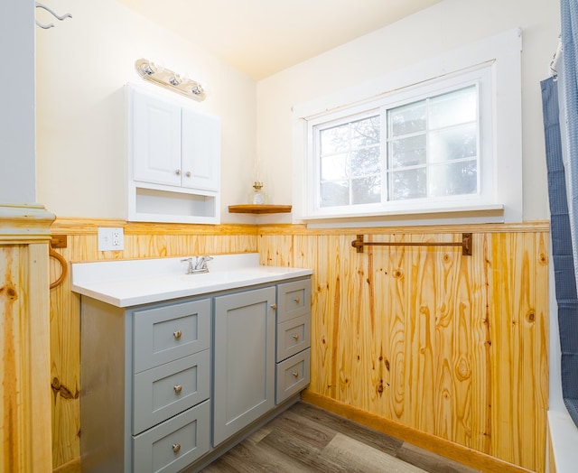 bathroom featuring vanity and hardwood / wood-style flooring