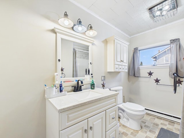 bathroom with toilet, crown molding, a baseboard radiator, walk in shower, and vanity