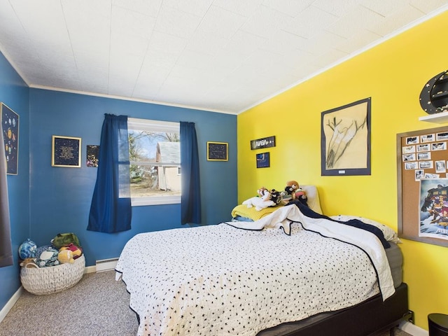 carpeted bedroom with crown molding, baseboards, and a baseboard radiator