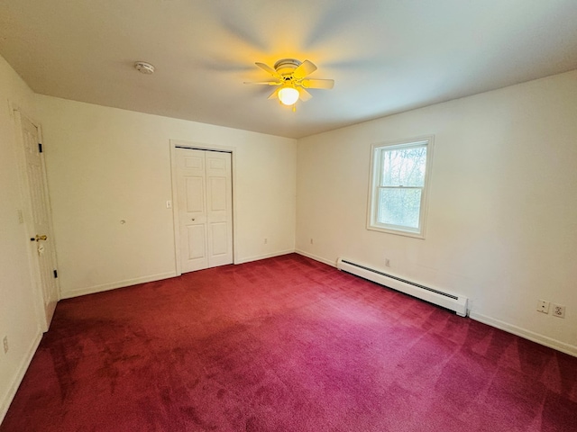 unfurnished bedroom featuring a closet, ceiling fan, carpet, and baseboard heating