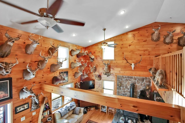 5284-A Rte 6 W, Ulysses, PA 16948 - living area with lofted ceiling, wood finished floors, wooden walls, a ceiling fan, and recessed lighting