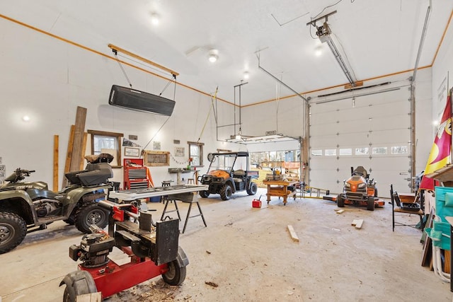 garage with a workshop area