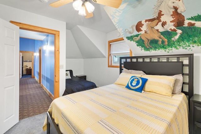 carpeted bedroom with ceiling fan and lofted ceiling