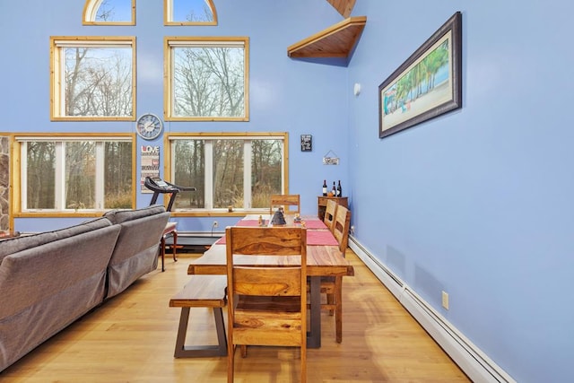 dining area featuring light hardwood / wood-style floors and a baseboard radiator