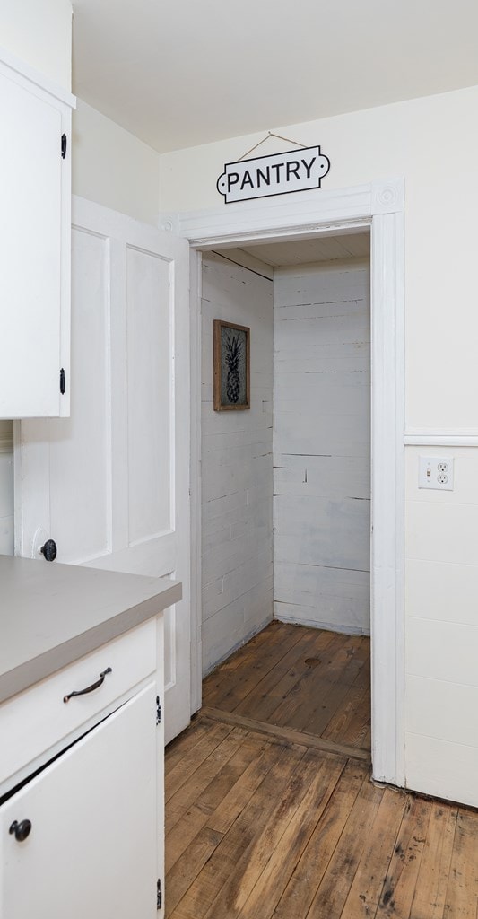 interior space featuring white cabinetry and dark wood-type flooring