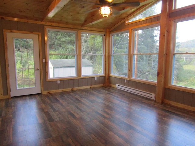 unfurnished sunroom with ceiling fan, lofted ceiling with beams, wooden ceiling, and baseboard heating