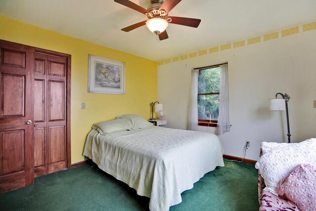 743 Stone Rd, Westfield, PA 16950 - bedroom with baseboards, dark carpet, and ceiling fan