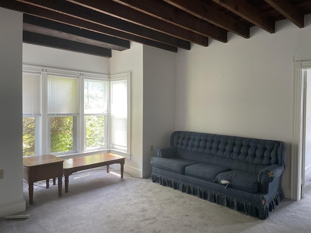 living area with carpet flooring and beam ceiling