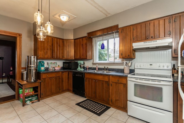 11 Purple St, Wellsboro, PA 16901 - kitchen featuring dark countertops, under cabinet range hood, brown cabinetry, black appliances, and a sink