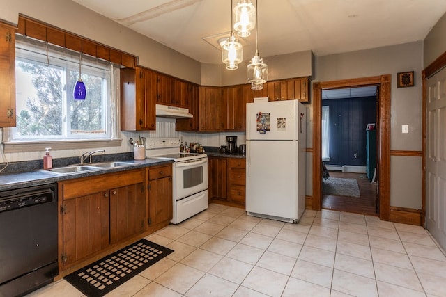 11 Purple St, Wellsboro, PA 16901 - kitchen featuring brown cabinets, a sink, under cabinet range hood, dark countertops, and white appliances