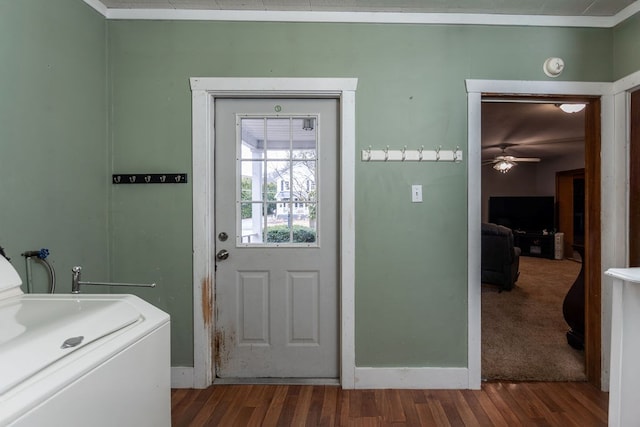 11 Purple St, Wellsboro, PA 16901 - laundry area with a ceiling fan, laundry area, washer / clothes dryer, and dark wood-style floors