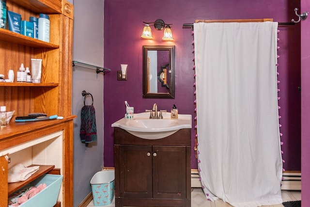 11 Purple St, Wellsboro, PA 16901 - full bath with a baseboard heating unit, a shower with shower curtain, and vanity