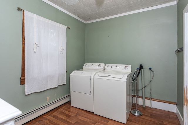 11 Purple St, Wellsboro, PA 16901 - laundry room with wood finished floors, a baseboard radiator, laundry area, separate washer and dryer, and crown molding