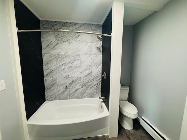 full bath featuring toilet, bathing tub / shower combination, and baseboard heating