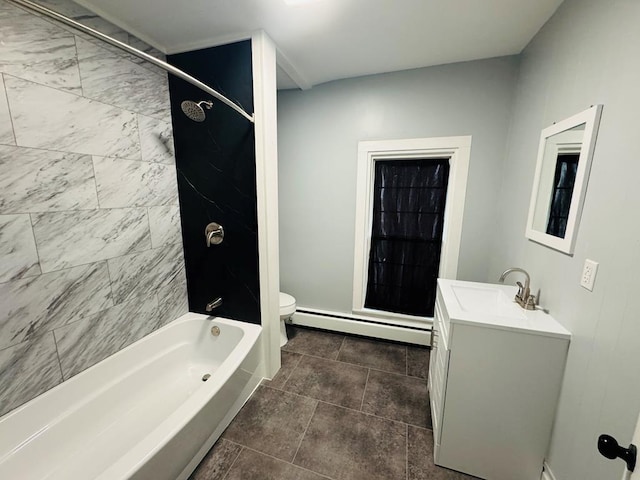 bathroom featuring shower / washtub combination, toilet, vanity, and baseboard heating