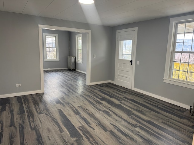 foyer entrance featuring a wealth of natural light, baseboards, dark wood finished floors, and radiator heating unit