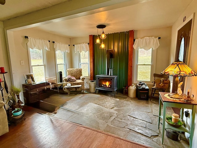 sitting room with wood finished floors and a wood stove