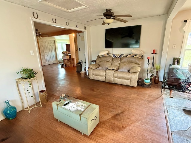 living room with attic access, ceiling fan, and wood finished floors