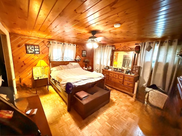 bedroom featuring wood ceiling and wooden walls