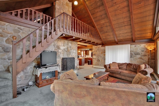 unfurnished living room with wood ceiling, high vaulted ceiling, beamed ceiling, light colored carpet, and a baseboard heating unit