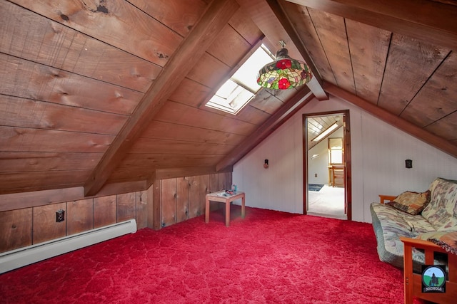 additional living space featuring lofted ceiling with beams, wooden walls, wood ceiling, and baseboard heating