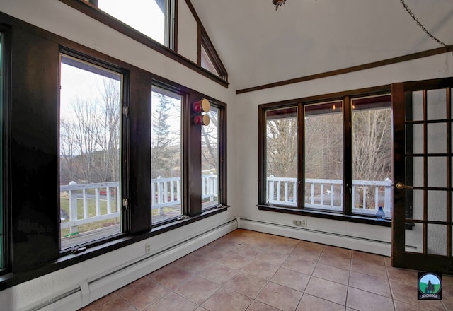 unfurnished sunroom with a baseboard radiator and vaulted ceiling