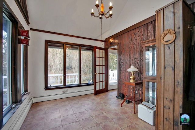 unfurnished office with lofted ceiling, light tile patterned floors, a baseboard radiator, and a chandelier